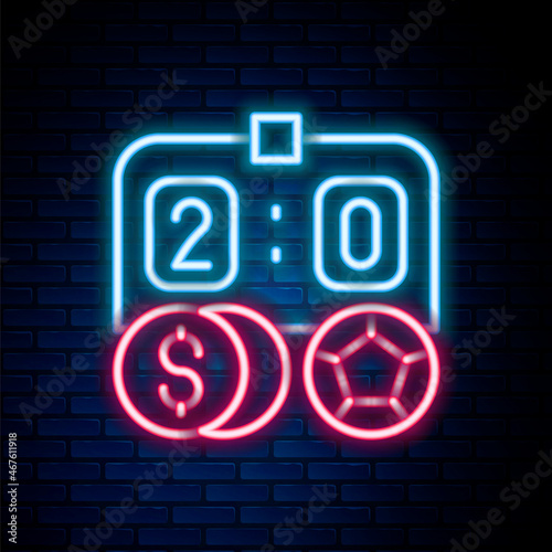 Glowing neon line Soccer football betting money icon isolated on brick wall background. Football bet bookmaker. Soccer betting online make money. Colorful outline concept. Vector