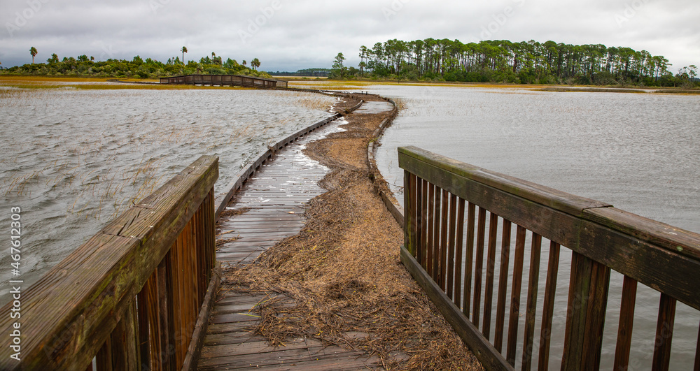 A boardwalk over the saltwater marsh during an extremely high tide in St. Augustine, Florida. 
