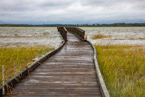 A boardwalk over the saltwater marsh during an extremely high tide in St. Augustine  Florida. 