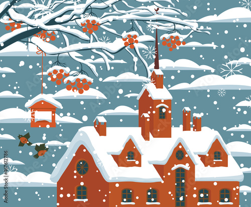 Cartoon winter landscape with a brown house in the snow, snow-covered branches and red clusters of Rowan, bullfinches and a bird feeder. Vector illustration, greeting card or banner in flat style