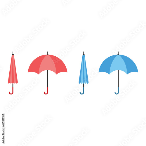 Set of open and closed colored umbrellas vector illustration on white background