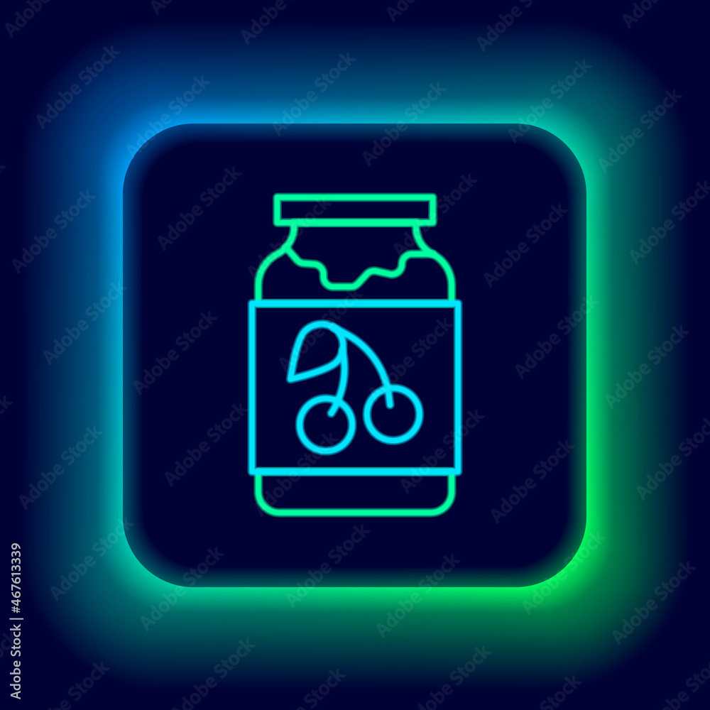 Glowing neon line Jam jar icon isolated on black background. Colorful outline concept. Vector Glowing neon line Jam jar icon isolated on black background. Colorful outline concept. Vector
