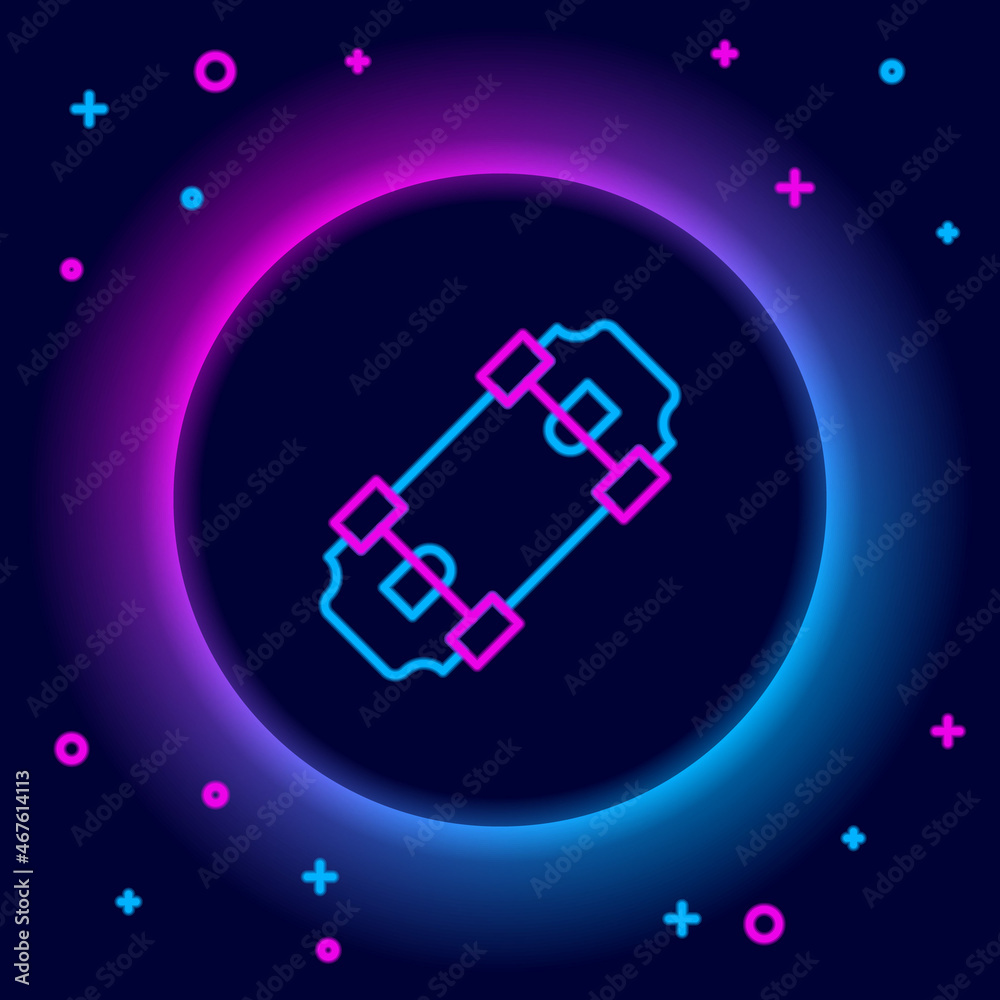 Glowing neon line Skateboard icon isolated on black background. Extreme sport. Sport equipment. Colorful outline concept. Vector Glowing neon line Skateboard icon isolated on black background. Extreme sport. Sport equipment. Colorful outline concept. Vector