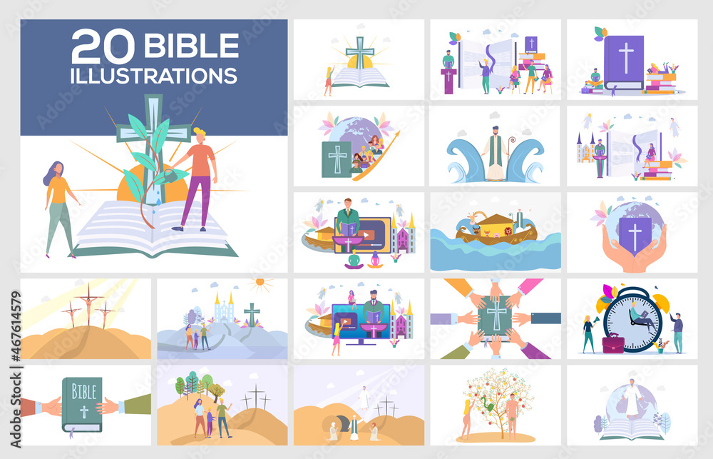 Set illustrations. Christian people read the Holy Bible and learn about the Word of God. Jesus