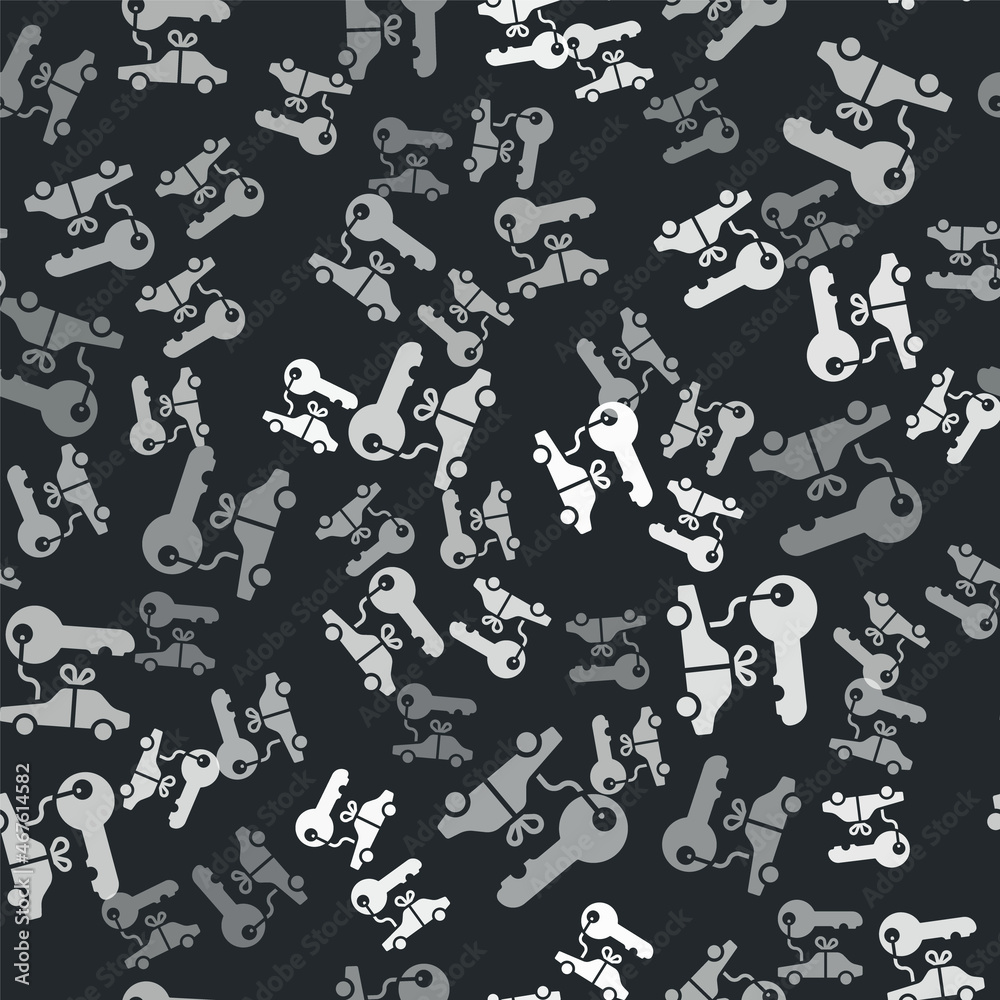 Grey Car gift icon isolated seamless pattern on black background. Car key prize. Vector
