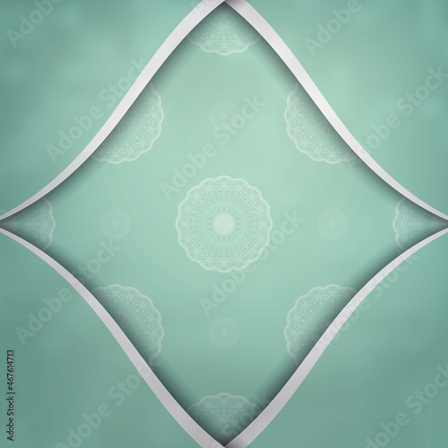 Mint colored greeting card with luxurious white ornaments prepared for typography.
