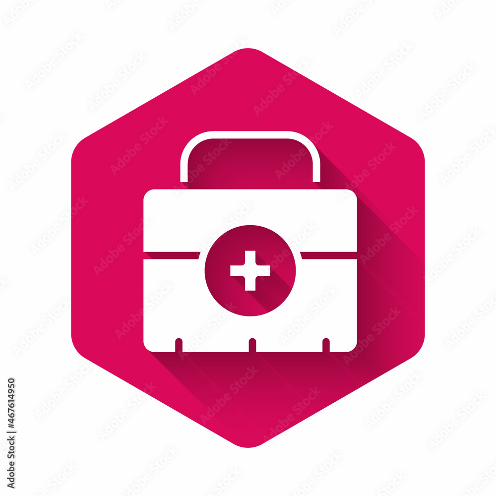 White First aid kit icon isolated with long shadow background. Medical box with cross. Medical equipment for emergency. Healthcare concept. Pink hexagon button. Vector