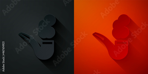 Paper cut Smoking pipe with smoke icon isolated on black and red background. Tobacco pipe. Paper art style. Vector