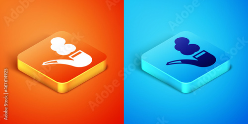 Isometric Smoking pipe with smoke icon isolated on orange and blue background. Tobacco pipe. Vector