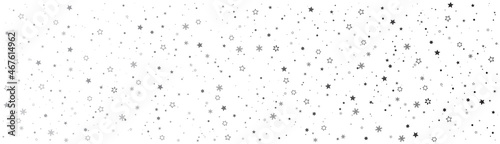 Wide christmas background. Random christmas decoration texture. Black falling stars and snowflakes.