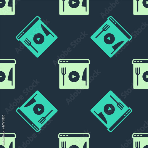 Green and beige Cooking live streaming icon isolated seamless pattern on blue background. Vector