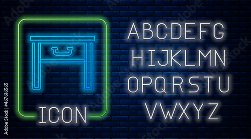 Glowing neon Furniture nightstand icon isolated on brick wall background. Neon light alphabet. Vector