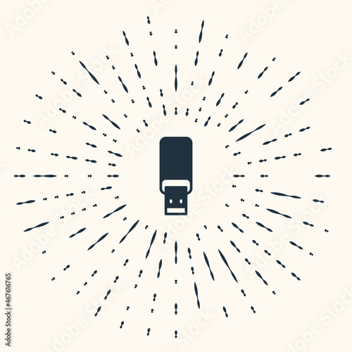 Grey USB flash drive icon isolated on beige background. Abstract circle random dots. Vector