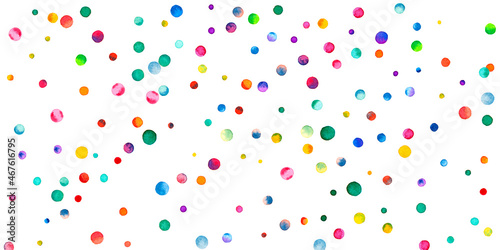 Watercolor confetti on white background. Adorable rainbow colored dots. Happy celebration wide colorful bright card. Enchanting hand painted confetti.