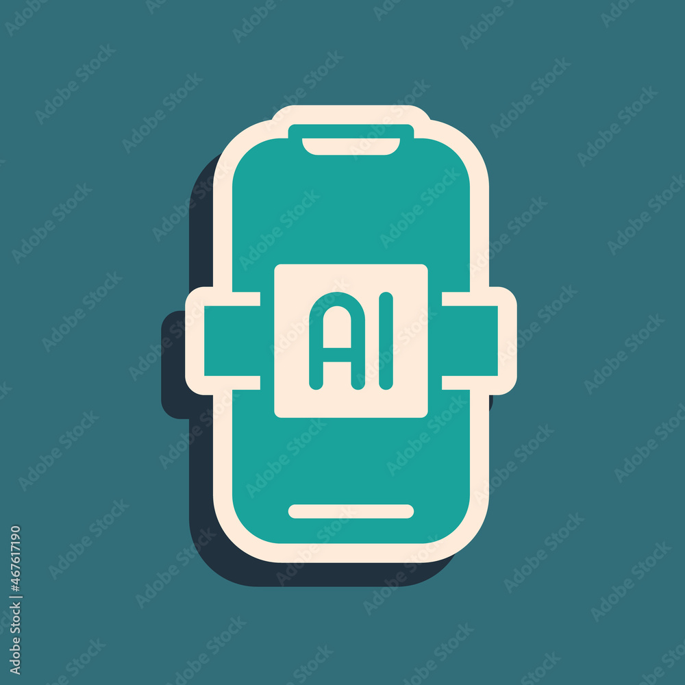 Green Artificial intelligence AI icon isolated on green background. Machine learning, cloud computing, automated support assistance and networks. Long shadow style. Vector Green Artificial intelligence AI icon isolated on green background. Machine learning, cloud computing, automated support assistance and networks. Long shadow style. Vector