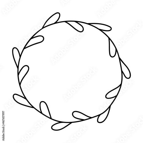 Doodle wreath, round frame, contour pattern, decor with leaves, natural design