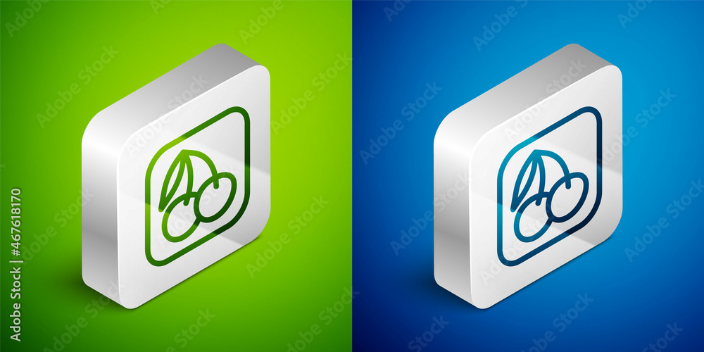 Isometric line Casino slot machine with cherry symbol icon isolated on green and blue background. Gambling games. Silver square button. Vector Isometric line Casino slot machine with cherry symbol icon isolated on green and blue background. Gambling games. Silver square button. Vector