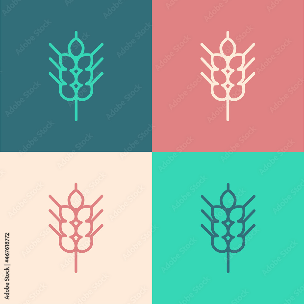 Pop art line Cereals set with rice, wheat, corn, oats, rye, barley icon isolated on color background. Ears of wheat bread symbols. Vector