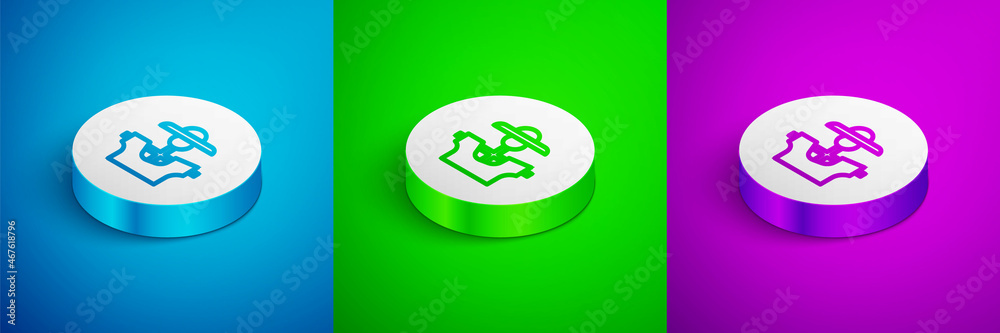 Isometric line Scarecrow icon isolated on blue, green and purple background. White circle button. Vector Isometric line Scarecrow icon isolated on blue, green and purple background. White circle button. Vector