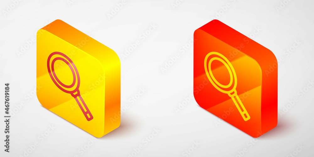Isometric line Frying pan icon isolated on grey background. Fry or roast food symbol. Yellow and orange square button. Vector Isometric line Frying pan icon isolated on grey background. Fry or roast food symbol. Yellow and orange square button. Vector