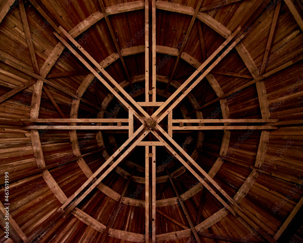 A wooden roof of a building