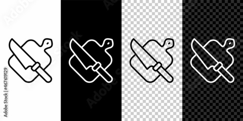 Set line Cutting board and knife icon isolated on black and white, transparent background. Chopping Board symbol. Cutlery symbol. Vector