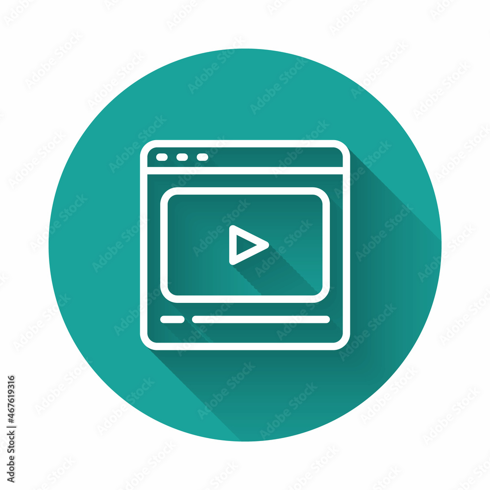 White line Online play video icon isolated with long shadow background. Film strip with play sign. Green circle button. Vector White line Online play video icon isolated with long shadow background. Film strip with play sign. Green circle button. Vector