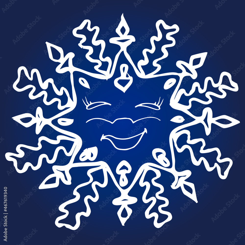 Hand drawn vector illustration with white kawaii snowflake isolated on blue background. Suitable for prints, greeting cards and invitations, t-shirt designs, covers and fabrics. Hand drawn vector illustration with white kawaii snowflake isolated on blue background. Suitable for prints, greeting cards and invitations, t-shirt designs, covers and fabrics.