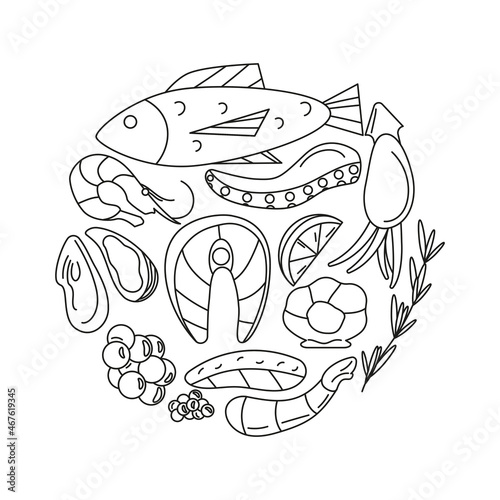 hand drawn doodle seafood outline elements in circle shape. salmon fish, salmon steak and fillet, shrimp, oyster, squid, octopus tentacle, red and black caviar, lemon. isolated vector