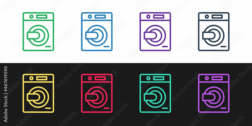 Set line Washer icon isolated on black and white background. Washing machine icon. Clothes washer - laundry machine. Home appliance symbol. Vector