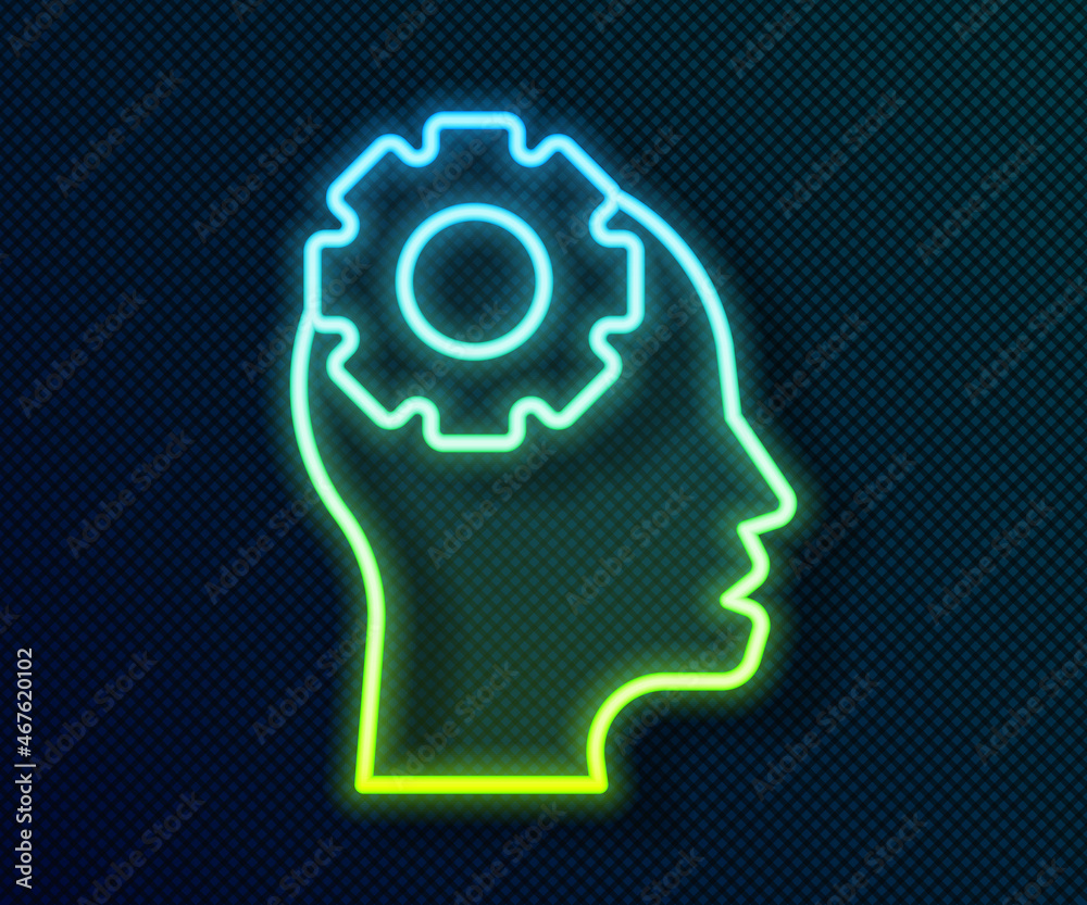 Glowing neon line Human head with gear inside icon isolated on black background. Artificial intelligence. Thinking brain. Symbol work of brain. Vector