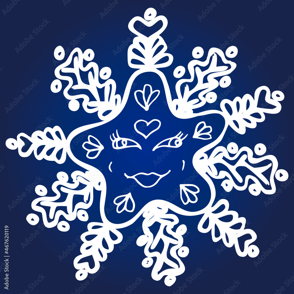 Hand drawn vector illustration with white kawaii snowflake isolated on blue background. Suitable for prints, greeting cards and invitations, t-shirt designs, covers and fabrics. 