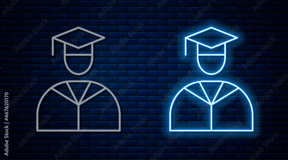 Glowing neon line Graduate and graduation cap icon isolated on brick wall background. Vector Glowing neon line Graduate and graduation cap icon isolated on brick wall background. Vector