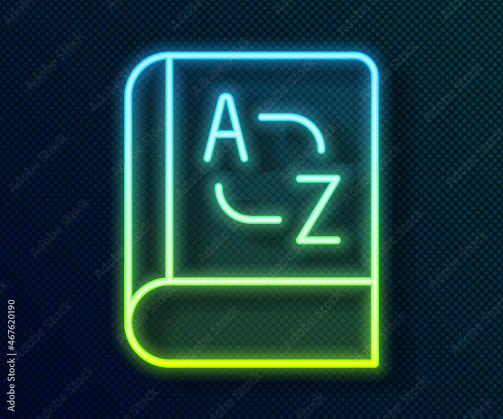 Glowing neon line Translator book icon isolated on black background. Foreign language conversation icons in chat speech bubble. Translating concept. Vector Glowing neon line Translator book icon isolated on black background. Foreign language conversation icons in chat speech bubble. Translating concept. Vector