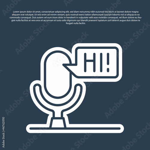 Blue line Microphone voice device icon isolated on blue background. Microphone interpreter and alphabet letters. Vector