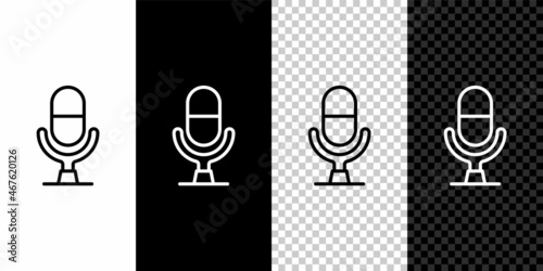 Set line Microphone voice device icon isolated on black and white, transparent background. Microphone interpreter and alphabet letters. Vector