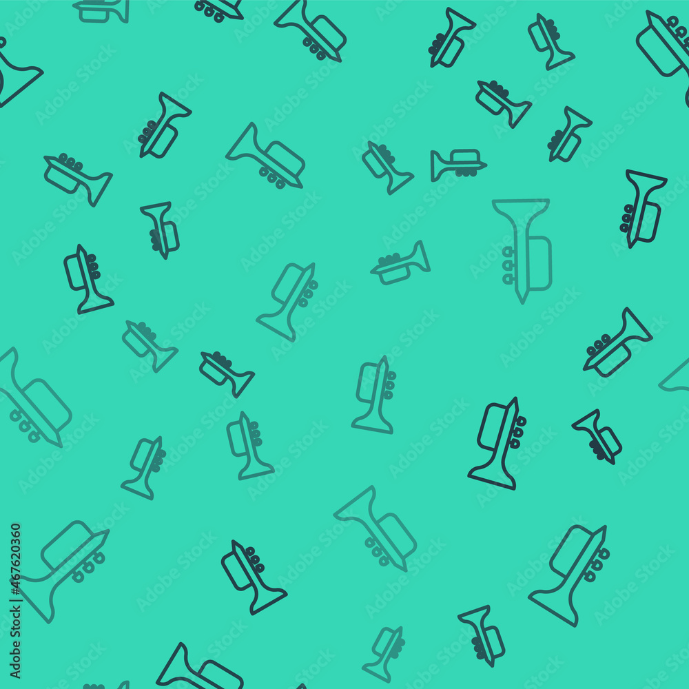 Black line Trumpet icon isolated seamless pattern on green background. Musical instrument trumpet. Vector Black line Trumpet icon isolated seamless pattern on green background. Musical instrument trumpet. Vector