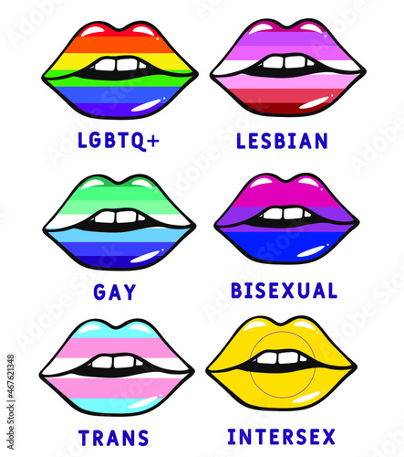 Sexual identity pride flags set. LGBT symbols. Lip shape with the flag of gay, trans, bisexual, lesbian, etc. Stop homophobia. Human rights and tolerance. Rainbow love concept. Community