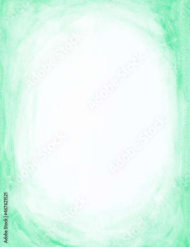 Green watercolor background with a white space in the center. Green and white abstract template. Hand-drawn frame for your design. Green gradient backdrop. Watercolor textured illustration.