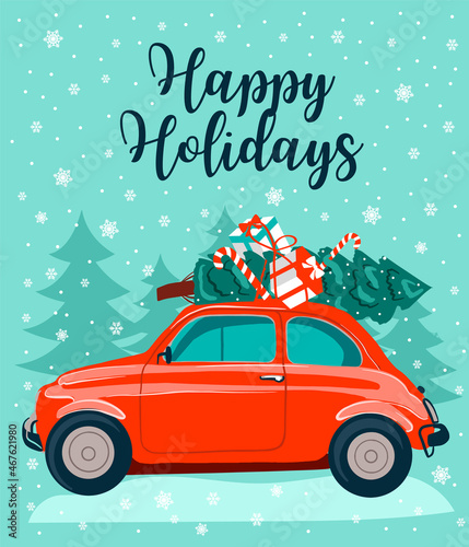 Red retro car with a fir tree. Happy holidays template, vector Christmas card