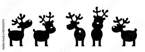 Silhouettes of cartoon reindeer isolated on white. Set of reindeers icons for design use.