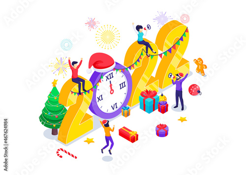 People celebrating New year near decorated big 2022 number with gift boxes and fireworks. Merry Christmas and Happy New year design concept. Isometric Vector Illustration