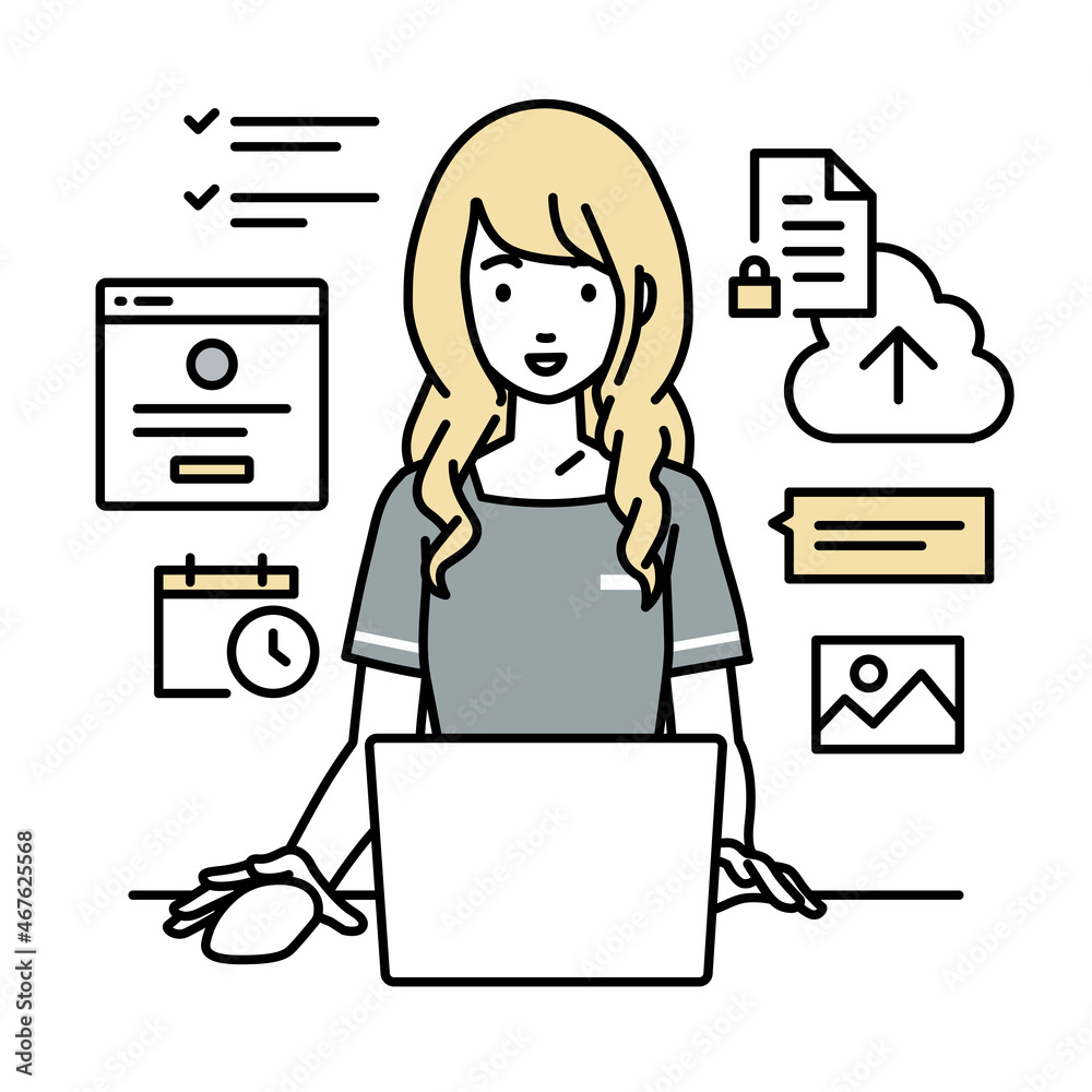 デスクで座ってPCでプロジェクトやタスクの管理の仕事をしているエステ店員の女性