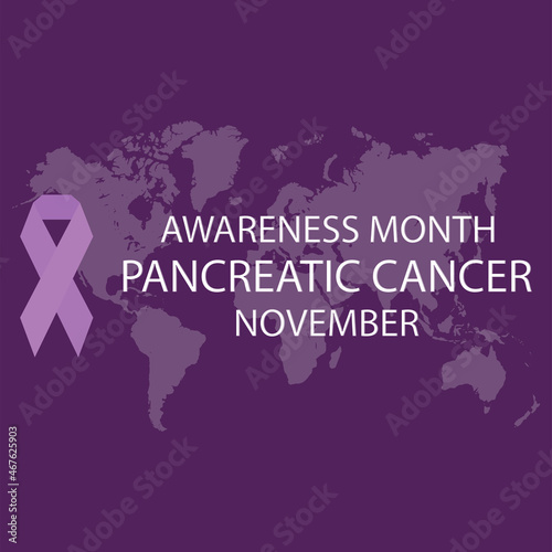 Vector illustration, Purple Ribbon and World Map, as banner or poster, World Pancreatic Cancer Day is celebrated on the third Thursday of November.