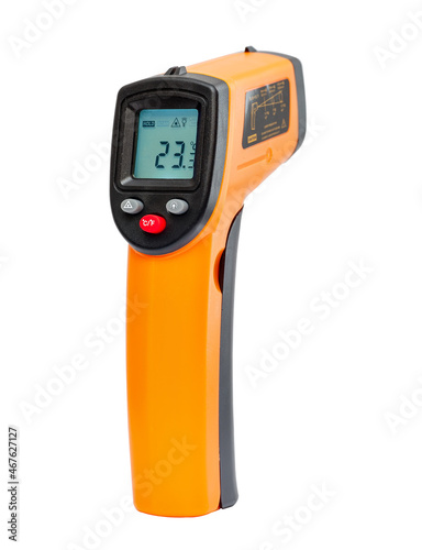 Yellow Infrared thermometer gun used to measure temperature on white background