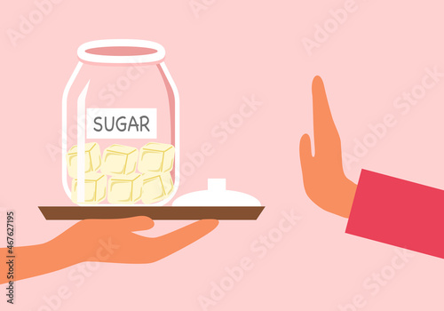 Woman gesture hand refuse to sweet in flat design. Sugar free. No sugar concept.