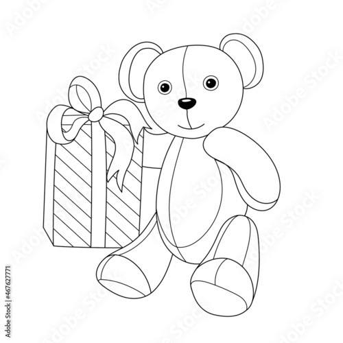 Cute teddy bear and gift box coloring page for kids.  photo