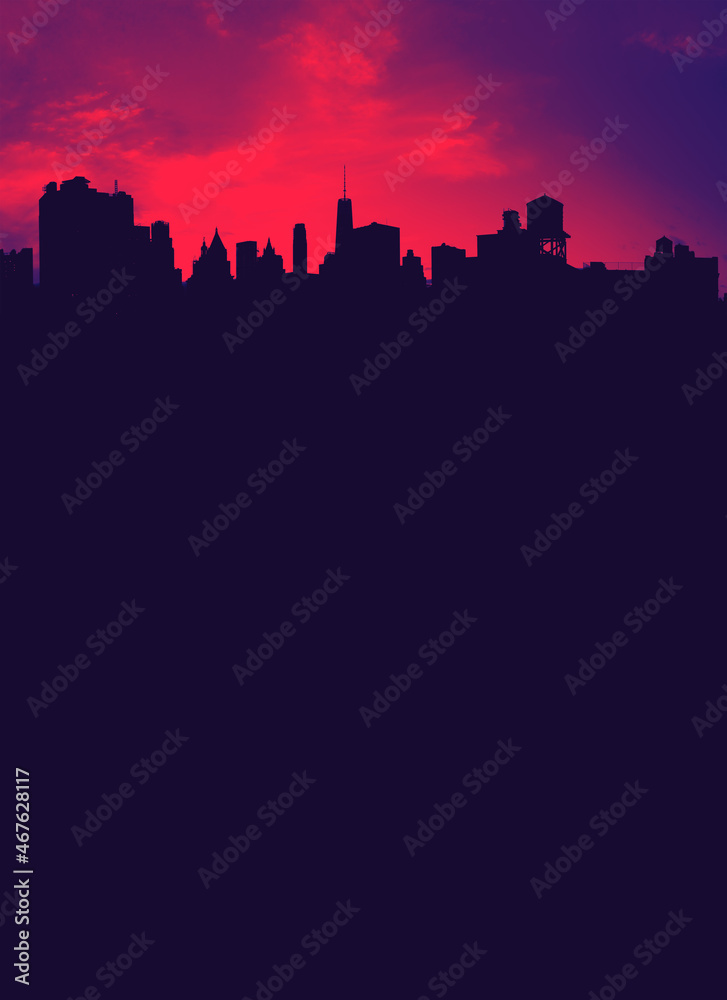 Dark blue silhouettes of the New York City skyline buildings contrast against a bright red empty sky background
