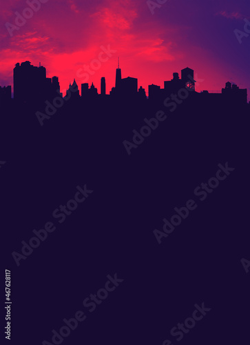 Photography Dark blue silhouettes of the New York City skyline buildings contrast against a