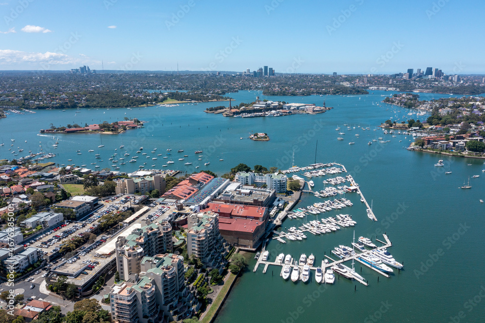 Birkenhead point in the Sydney suburb of Drummoyne showing the marina and Fort Wallace and Cockatoo islands in the Parramatta river.